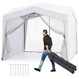 Costway - 10 X 10 FT Pop up Canopy Tent with 4 Sidewalls Mesh Netting Wheeled Bag 8 Stakes - White