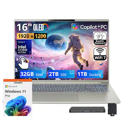 16" OLED 1920 x 1200 Series 3 Intel Core Ultra 7 Copilot+PC Backlit Keyboard WiFi 7 32GB RAM 2TB SSD 1TB Docking Microsoft Windows 11 Pro