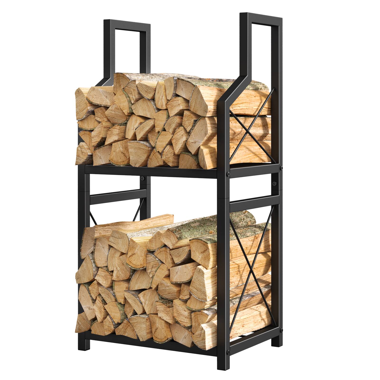 Alt View 3. Oumilen - Black Metal Firewood Rack, 2-Tier Heavy Duty Log Holder for Indoor and Outdoor Fireplace Storage - Black.