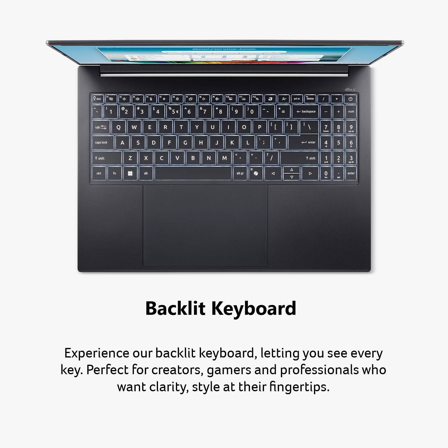 Backlit Keyboard

Experience our backlit keyboard, letting you see every key. Perfect for creators, gamers and professionals who want clarity, style at their fingertips.