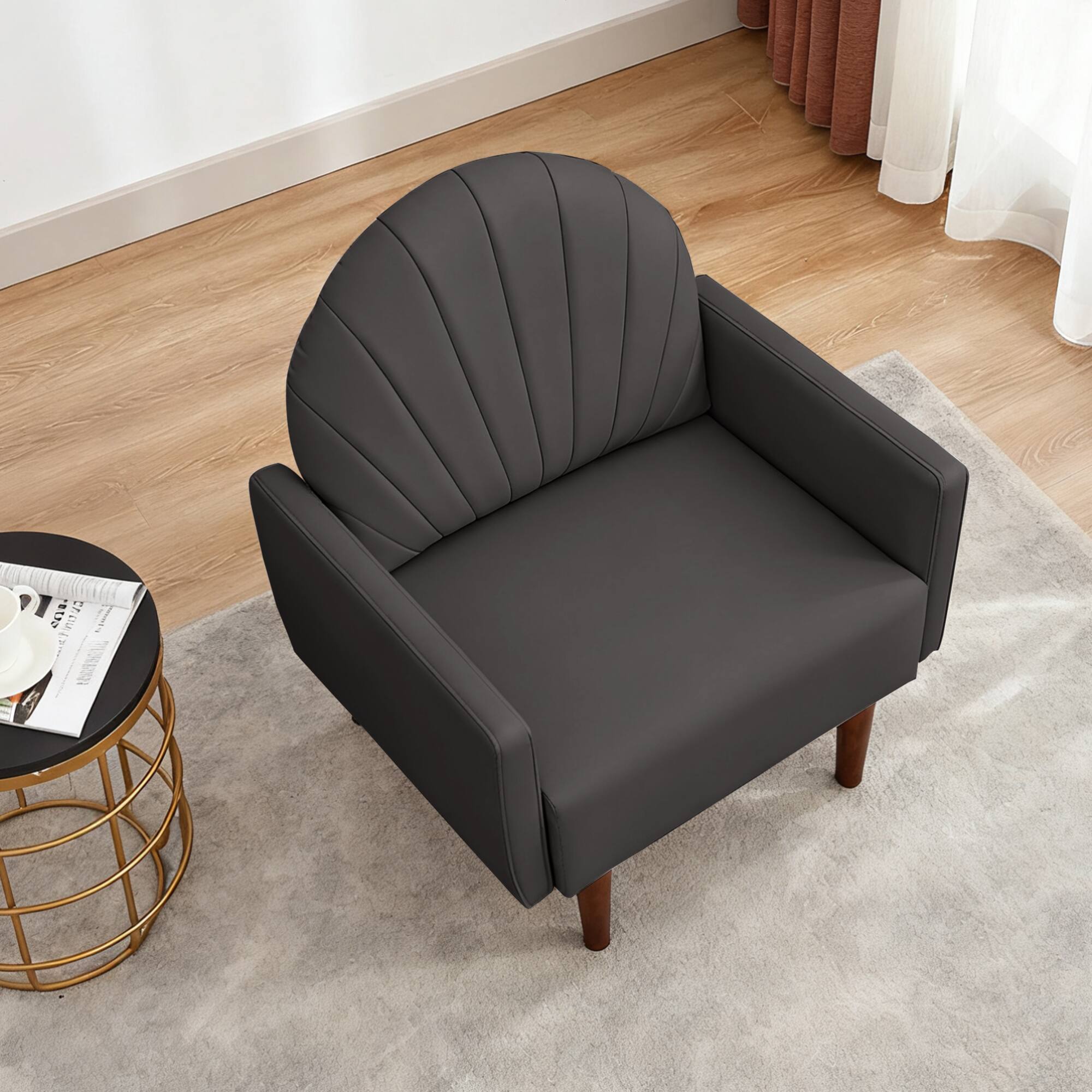 Back. GOODSILO - Contemporary Shell-Shaped Armchair with Upholstered Comfort and Wooden Legs for Versatile Home Decor - Dark Brown.