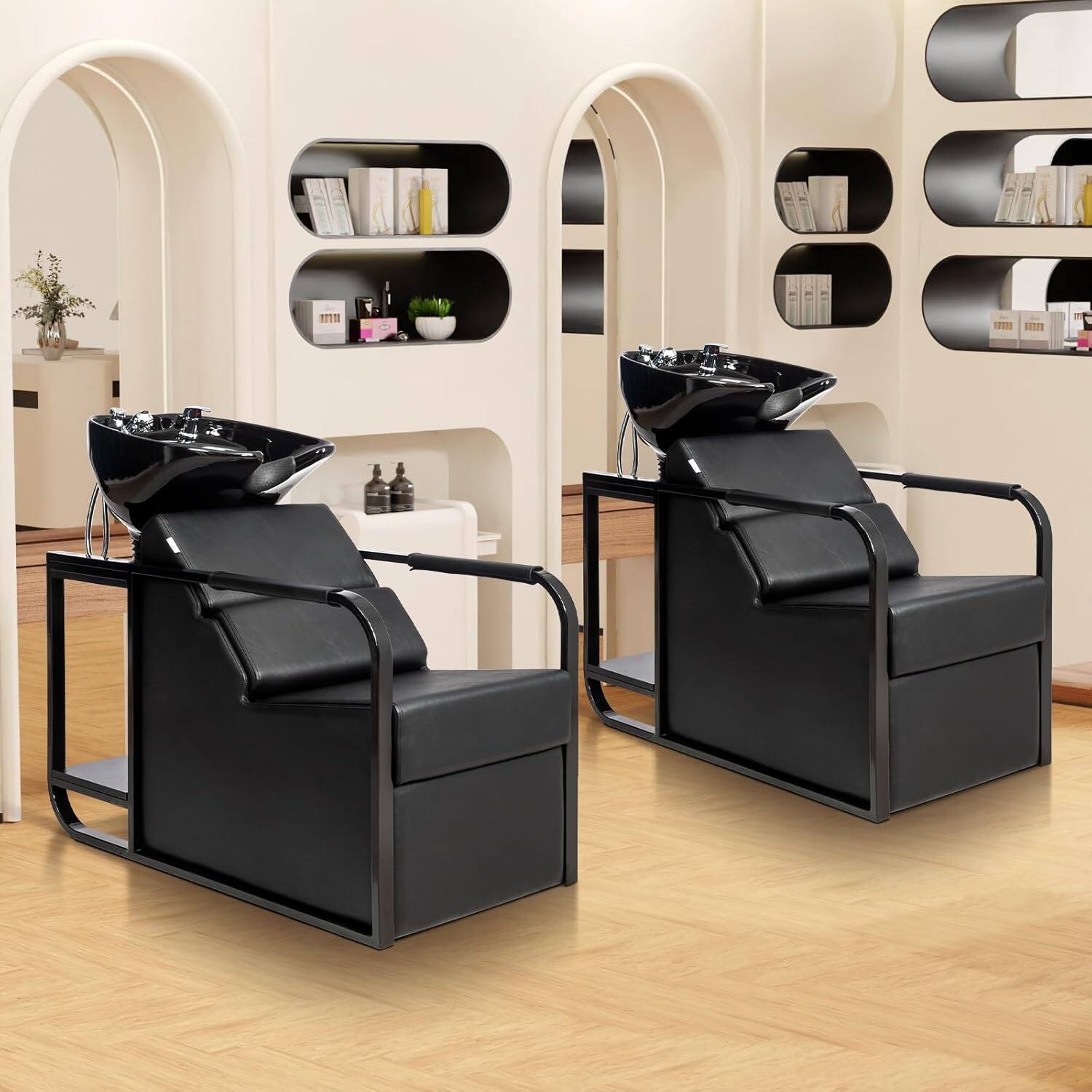 Angle. Winado - Backwash Unit Barber Shampoo Chair with Tilting Ceramic Bowl, Retractable Sprayer, Removable Neck Rest for Salon Beauty - Black.