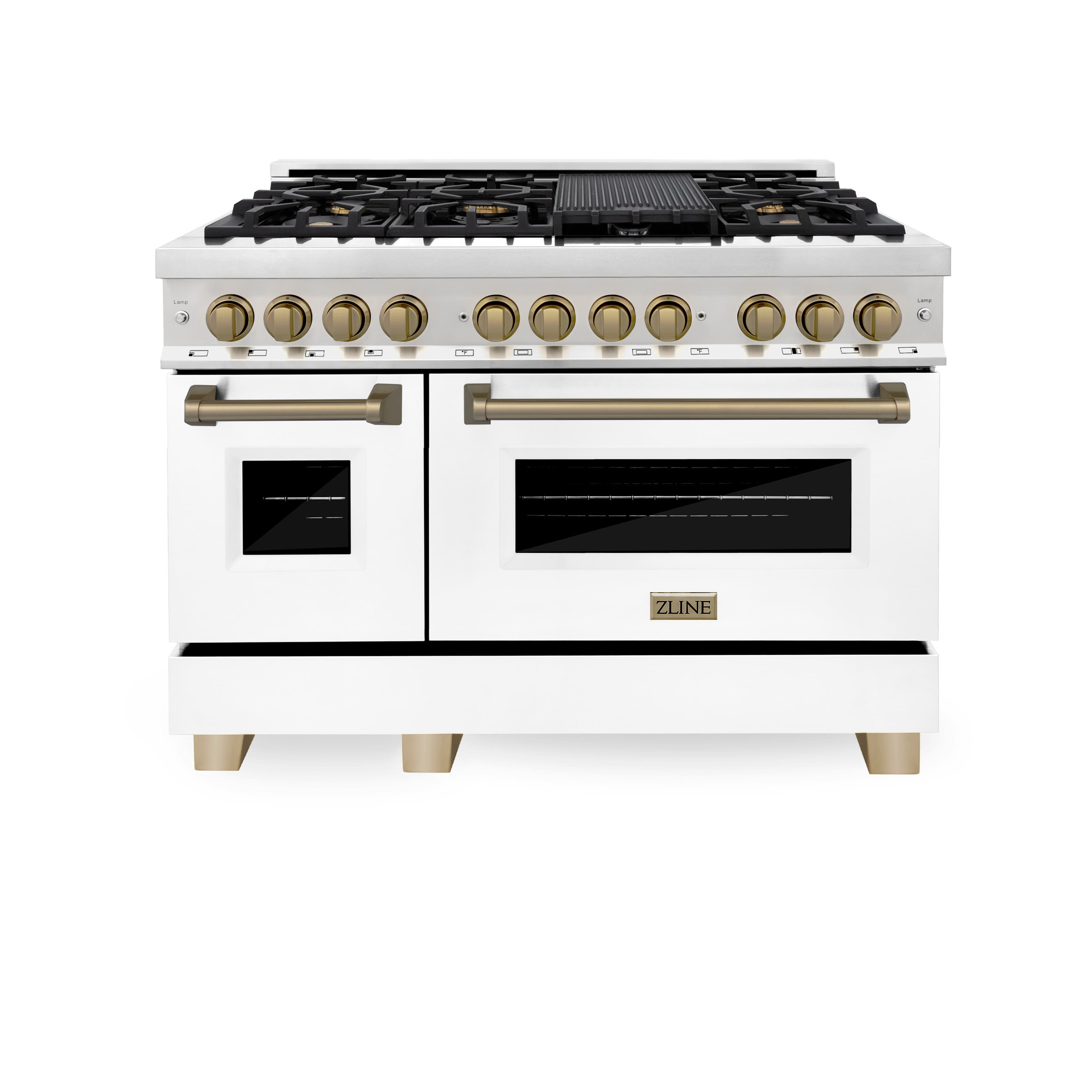 Front. ZLINE - Autograph 48" Legacy Dual Fuel Range w/ 7 Burners & White & Bronze Accents (RAZ-WM-48-CB) - Multicolor.