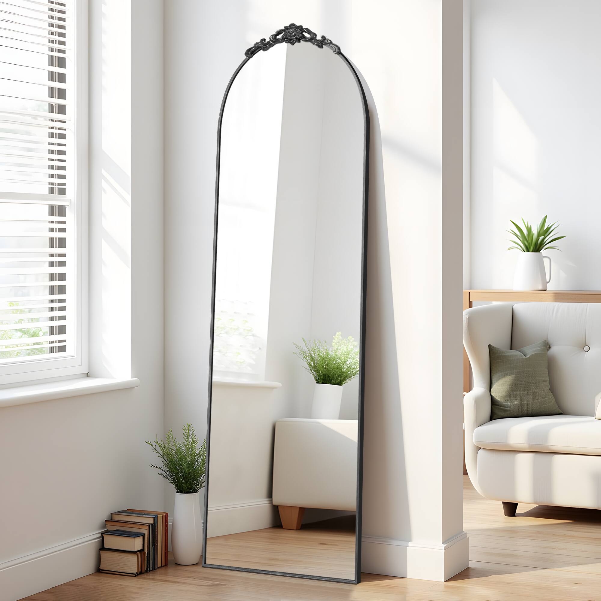 Alt View 2. Lirago - 64" x 21" Arched full body mirror with Black Scratch-Resistant Aluminum Alloy Frame with Stand - Black.
