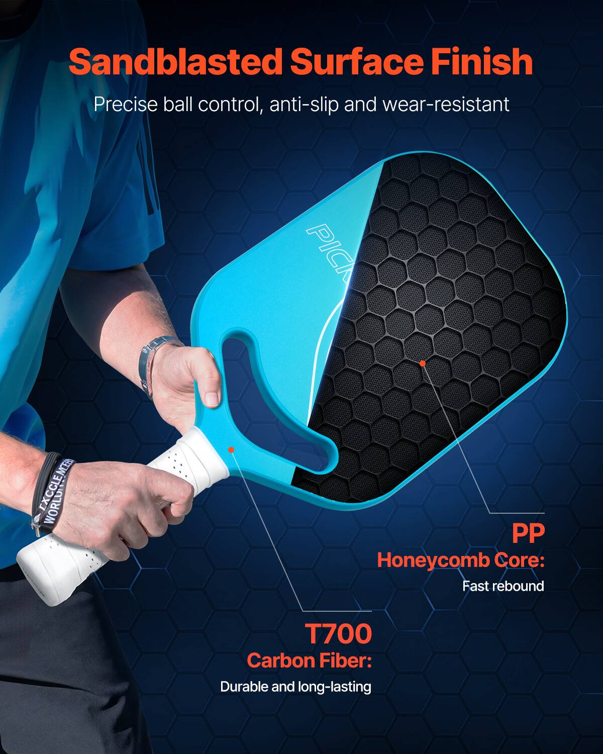 Sandblasted Surface Finish  
Precise ball control, anti-slip and wear-resistant  

PP Honeycomb Core: Fast rebound  
T700 Carbon Fiber: Durable and long-lasting