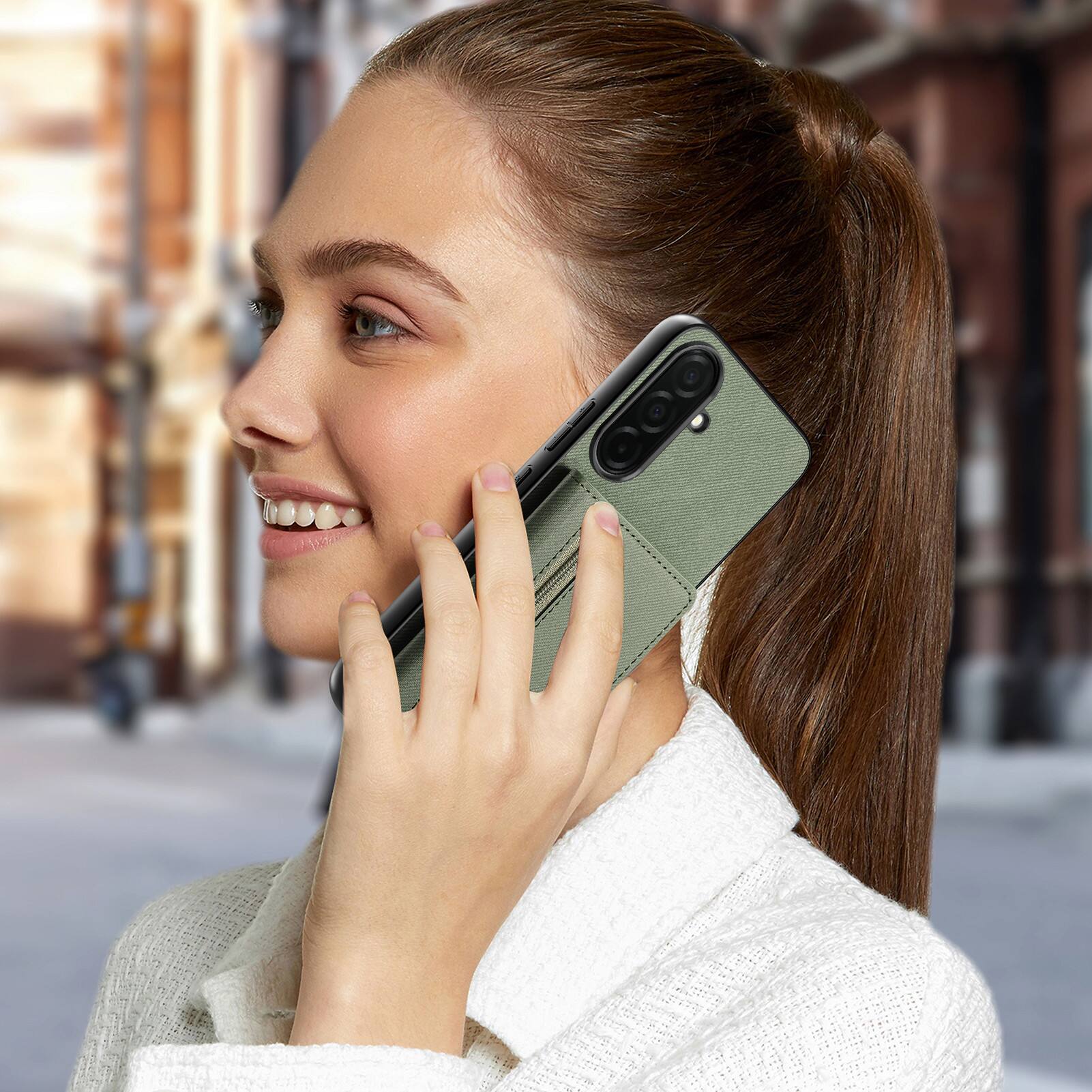 Alt View 6. Dteck - Zipper Pocket Wallet Case for Samsung Galaxy S26+, PU Leather Shockproof Stand Protective Cover with Magnetic Closure - Green.