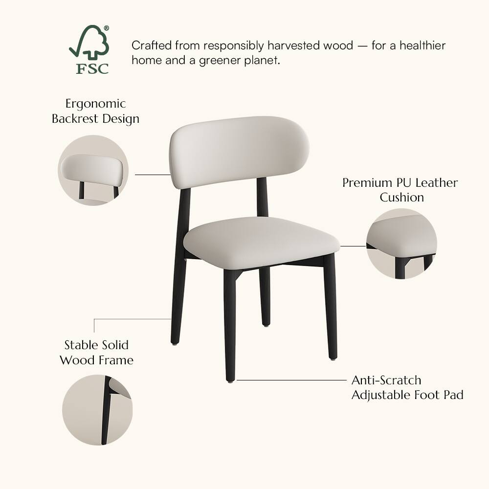 FSC Crafted from responsibly harvested wood — for a healthier home and a greener planet. Ergonomic Backrest Design Premium PU Leather Cushion Stable Solid Wood Frame Anti-Scratch Adjustable Foot Pad