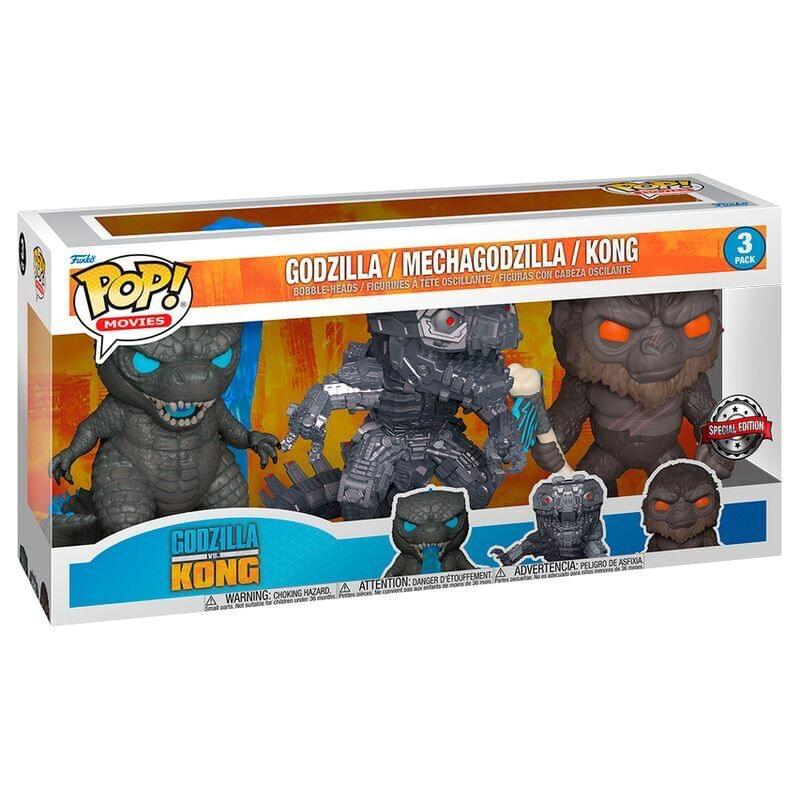 Sure, here is the corrected and grouped text from the image:

---

**Funko POP! Movies**

**GODZILLA / MECHAGODZILLA / KONG**

**BOBBLE-HEADS / FIGURINES A TÊTE OSCILLANTE / FIGURINES CON CABEZA OSCILANTE**

**3 PACK SPECIAL EDITION**

**GODZILLA vs KONG**

**WARNING: CHOKING HAZARD - Small parts. Not for children under 3 years.**

**ADVERTENCIA: PELIGRO DE ASFIXIA - Piezas pequeñas. No es adecuado para menores de 3 años.**

**ATTENTION: DANGER D'ÉTOUFFEMENT - Petits éléments. Ne convient pas aux enfants de moins de 3 ans.**

**SPECIAL EDITION**

---