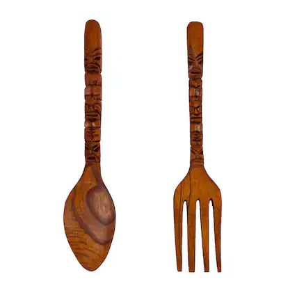 Front. Zeckos - 16 Inch Carved Tiki Spoon & Fork Wooden Wall Decor Art Utensil Decoration Set - Brown.