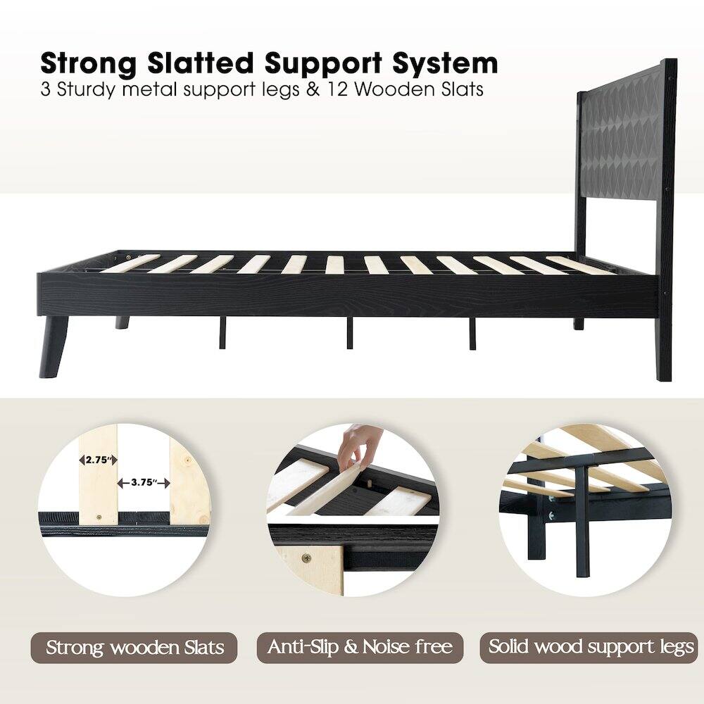 Strong Slatted Support System  
3 Sturdy metal support legs & 12 Wooden Slats  
2.75" x 3.75"  
6 Strong wooden Slats  
Anti-Slip & Noise free  
Solid wood support legs