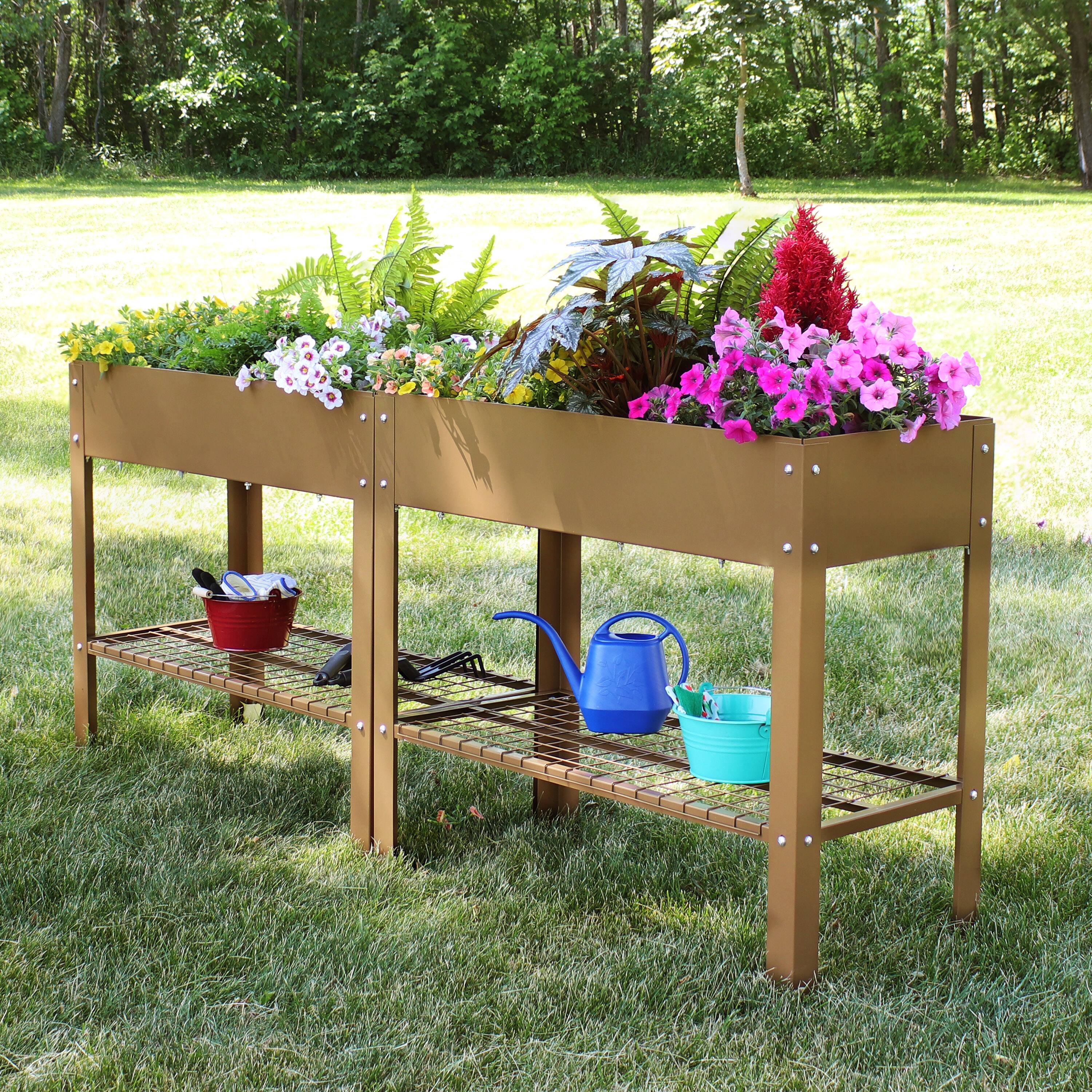 Alt View 5. Sunnydaze - Galvanized Steel Raised Bed with Mesh Shelf - Set of 2 - Brown.