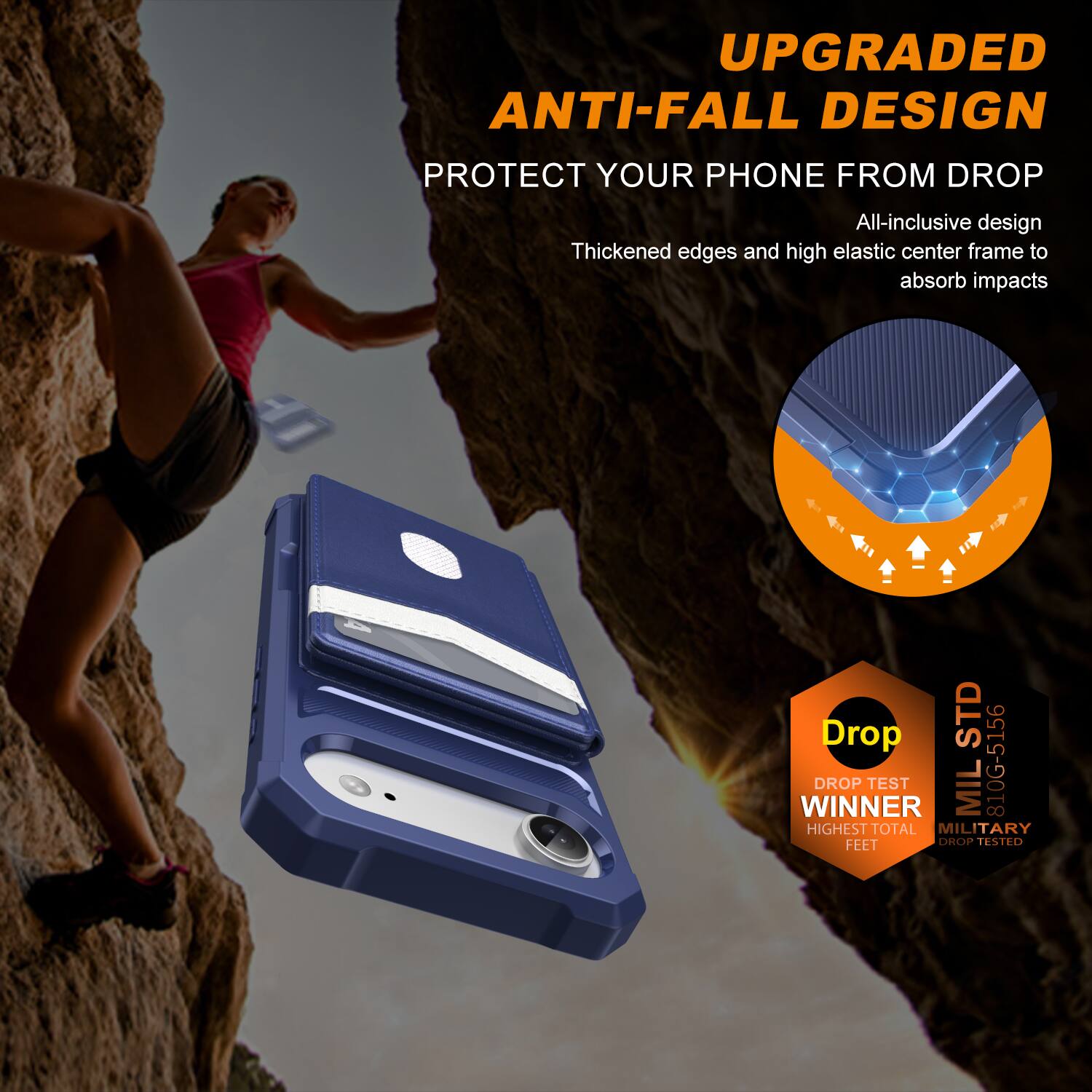 UPGRADED ANTI-FALL DESIGN  
PROTECT YOUR PHONE FROM DROP  

All-inclusive design  
Thickened edges and high elastic center frame to absorb impacts  

Drop TEST WINNER  
MIL 810G-5166  
HIGHEST TOTAL MILITARY FEET DROP TESTED