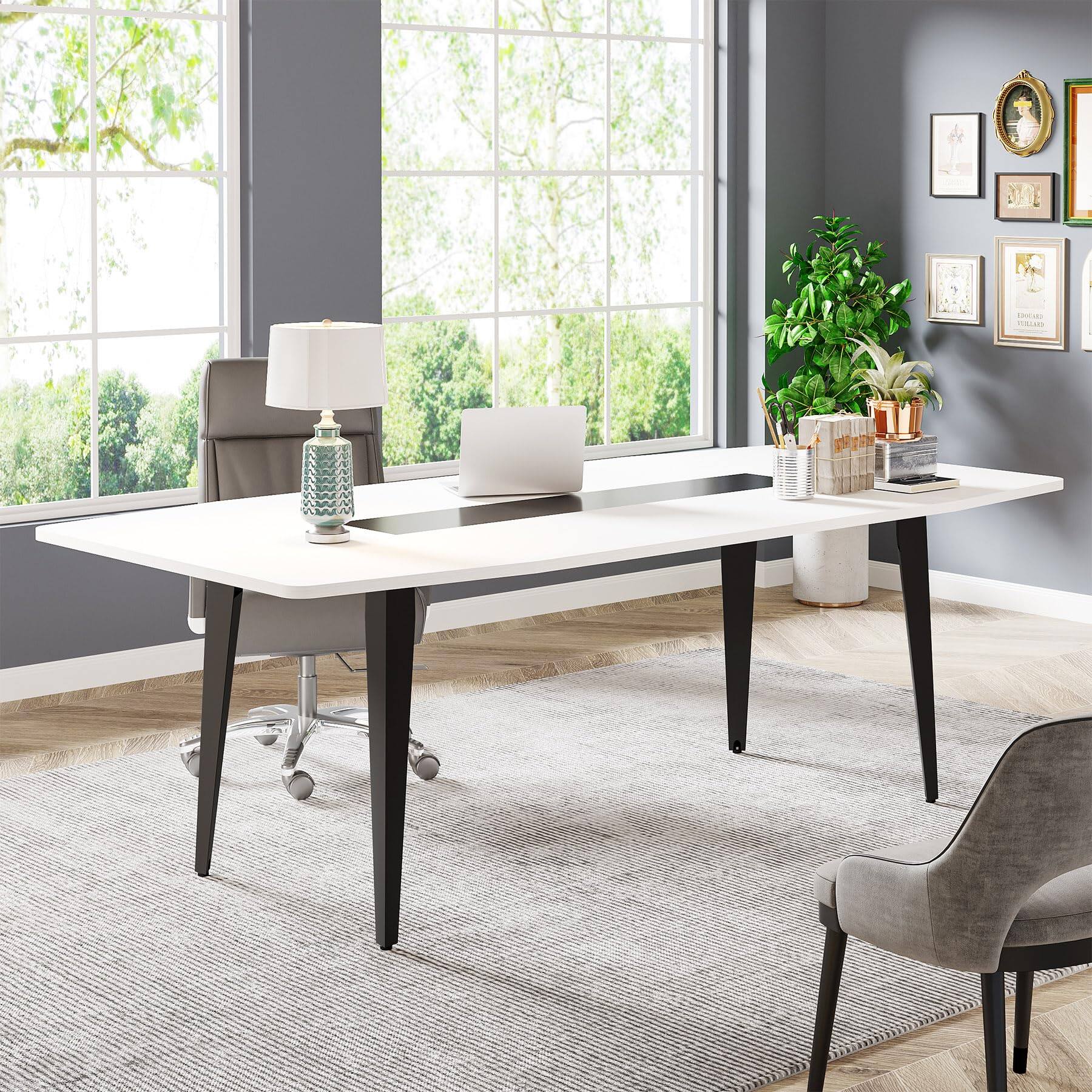 Back. Tribesigns - 70” Executive Desk, Modern Office Computer Desk with Sturdy Metal Legs, Large Boat Shaped Study Writing Desk Workstation - White & Black.