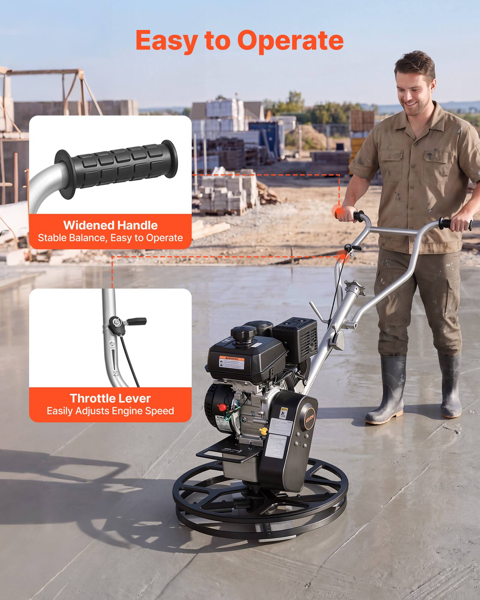 Easy to Operate

Widened Handle
Stable Balance, Easy to Operate

Throttle Lever
Easily Adjusts Engine Speed