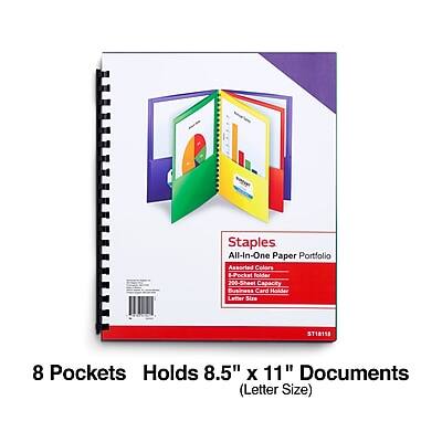 Staples All-In-One Paper Portfolio  
Assorted Colors  
8-Pocket Folder  
200-Sheet Capacity  
Business Card Holder  
Letter Size  
ST18118  

8 Pockets  
Holds 8.5" x 11" Documents  
(Letter Size)