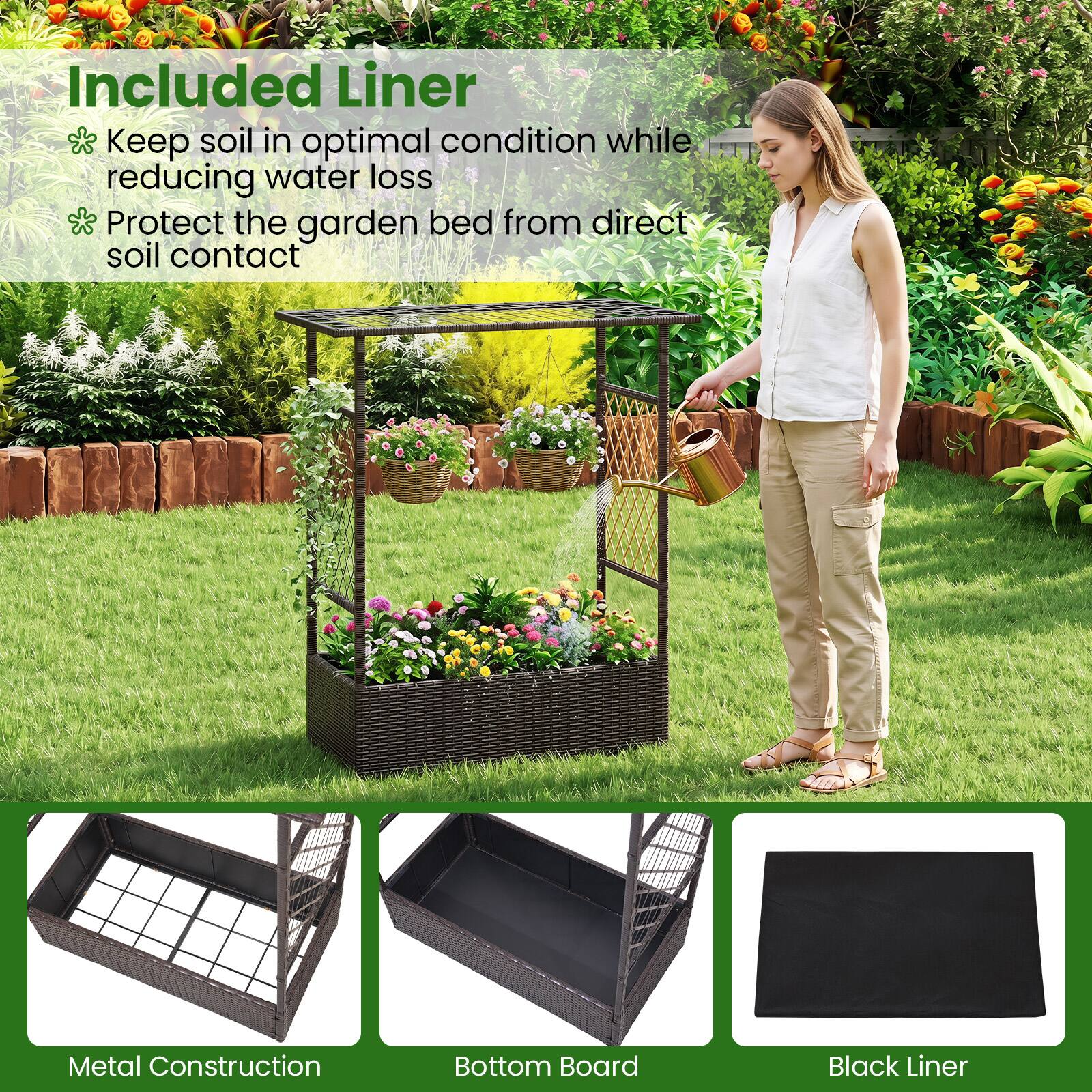 Included Liner  
- Keep soil in optimal condition while reducing water loss  
- Protect the garden bed from direct soil contact  

Metal Construction  
Bottom Board  
Black Liner
