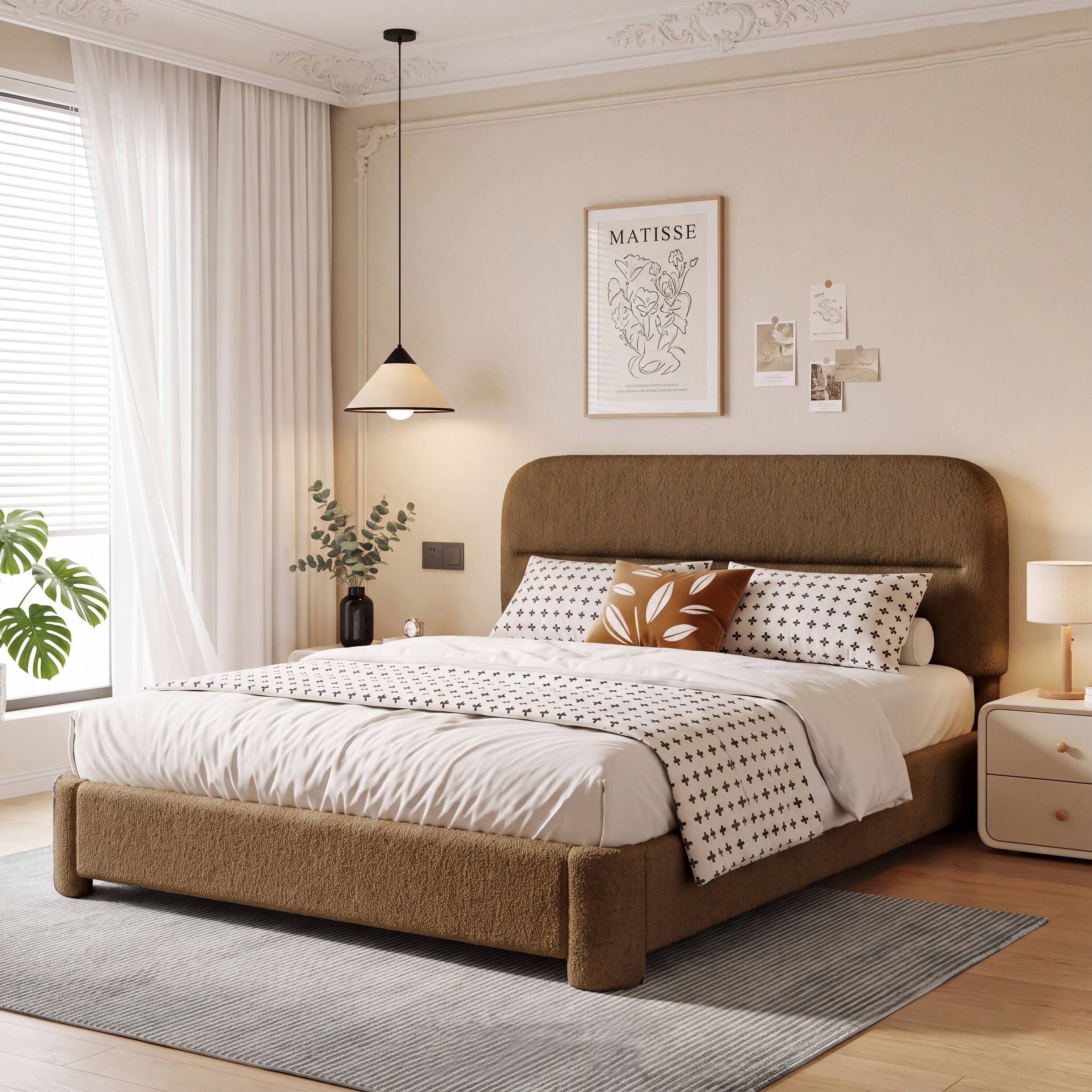 Left. Vipbear - F/Q/K Upholstered Platform Bed Frame | Height Adjustable Headboard, No Box Spring Needed, Works with 8–14" Mattresses - Coffee.