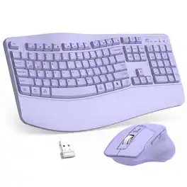 PRIMEPLUS - Wireless Keyboard & Mouse Combo, 2.4G Ergonomic Full-Size Wave Keys with Wrist Rest, 3-Level DPI Mouse for Win/Mac - Purple