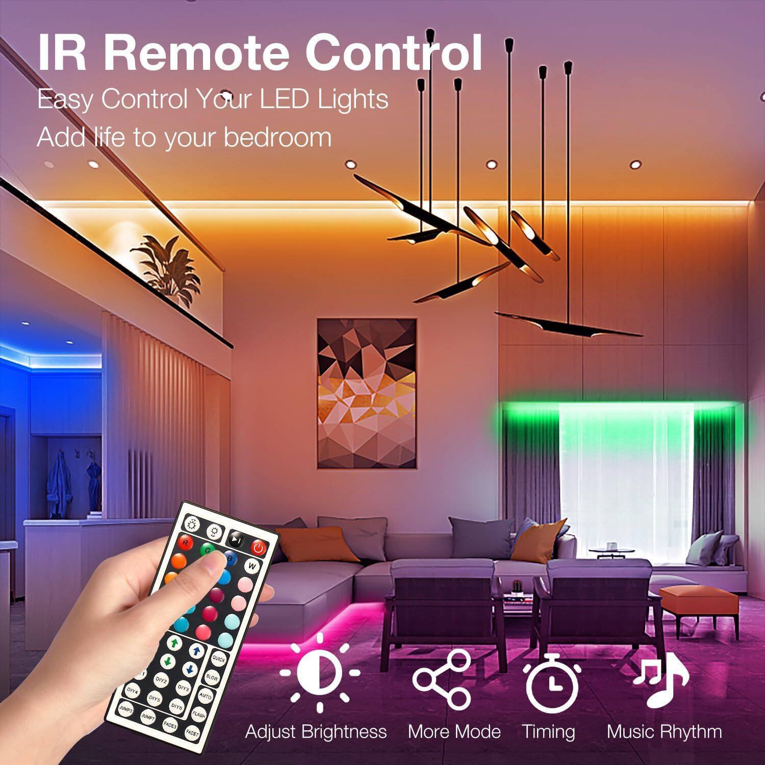 IR Remote Control  
Easy Control Your LED Lights  
Add life to your bedroom  

Adjust Brightness  
More Mode  
Timing  
Music Rhythm