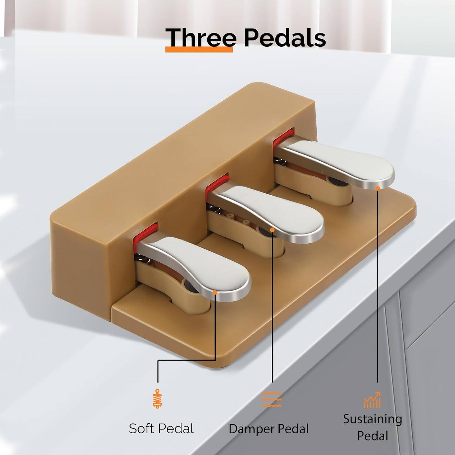 Three Pedals  
- Soft Pedal  
- Damper Pedal  
- Sustaining Pedal
