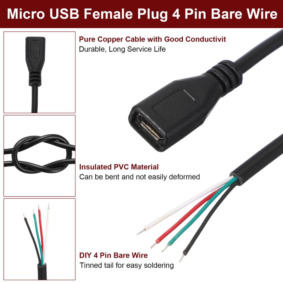 Micro Usb 4wire Unique Bargains Micro USB Female to 4 Pin Bare Wire Pigtail, 28AWG 12V ...