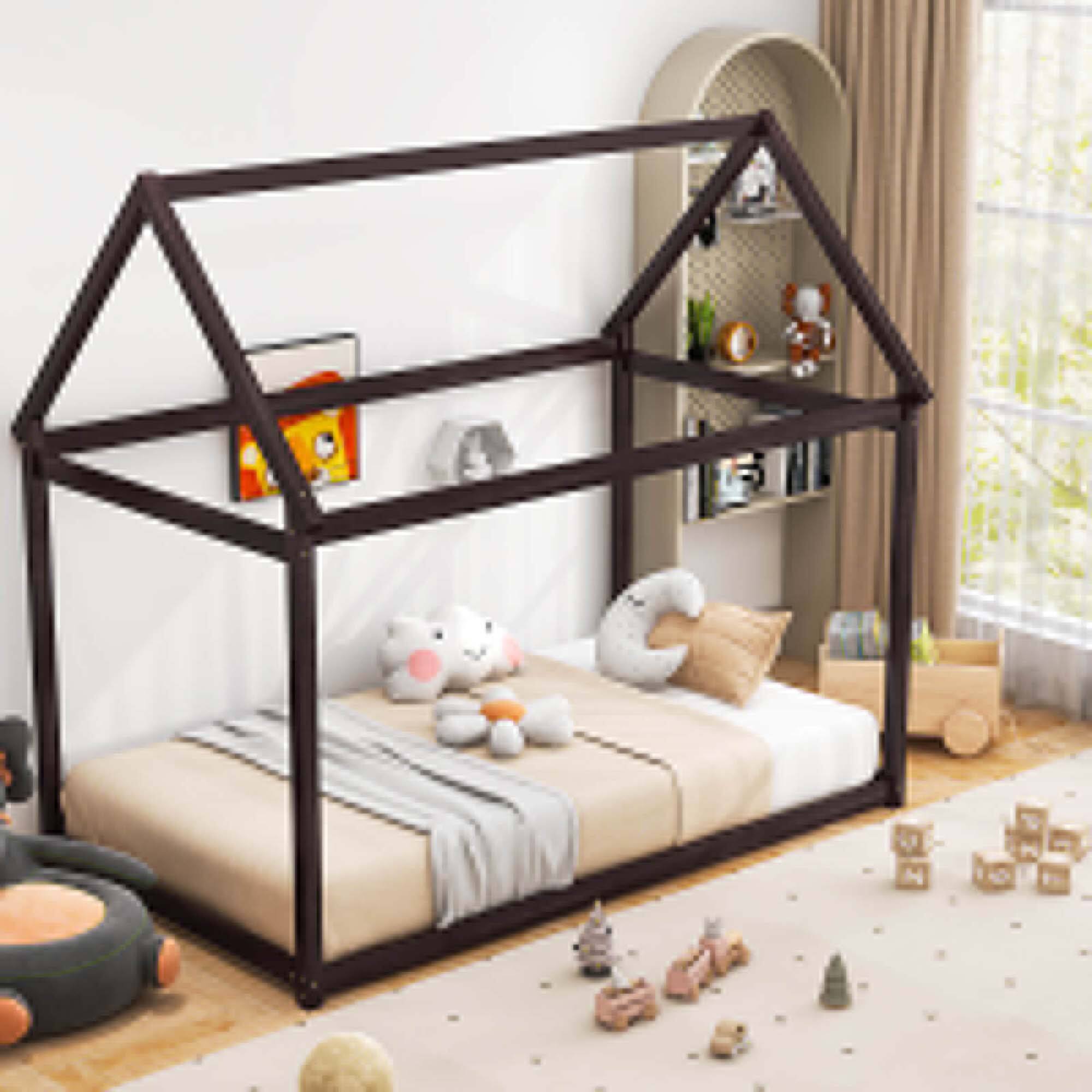 Alt View 1. Costway - Costway Twin House Bed Wood Frame with Roof for Kids Toddler No Box Spring - Brown.