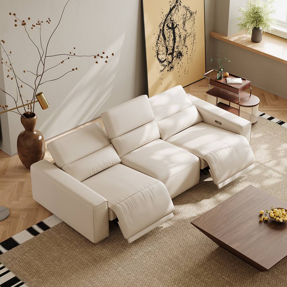 Left. POVISON - 109" Modern Power Recliner Sofa  2 Deep Seat 90°-145° Recline, USB& USB-C Charging, Pet-friendly Couches, Black - Beige Sustainable Leather.