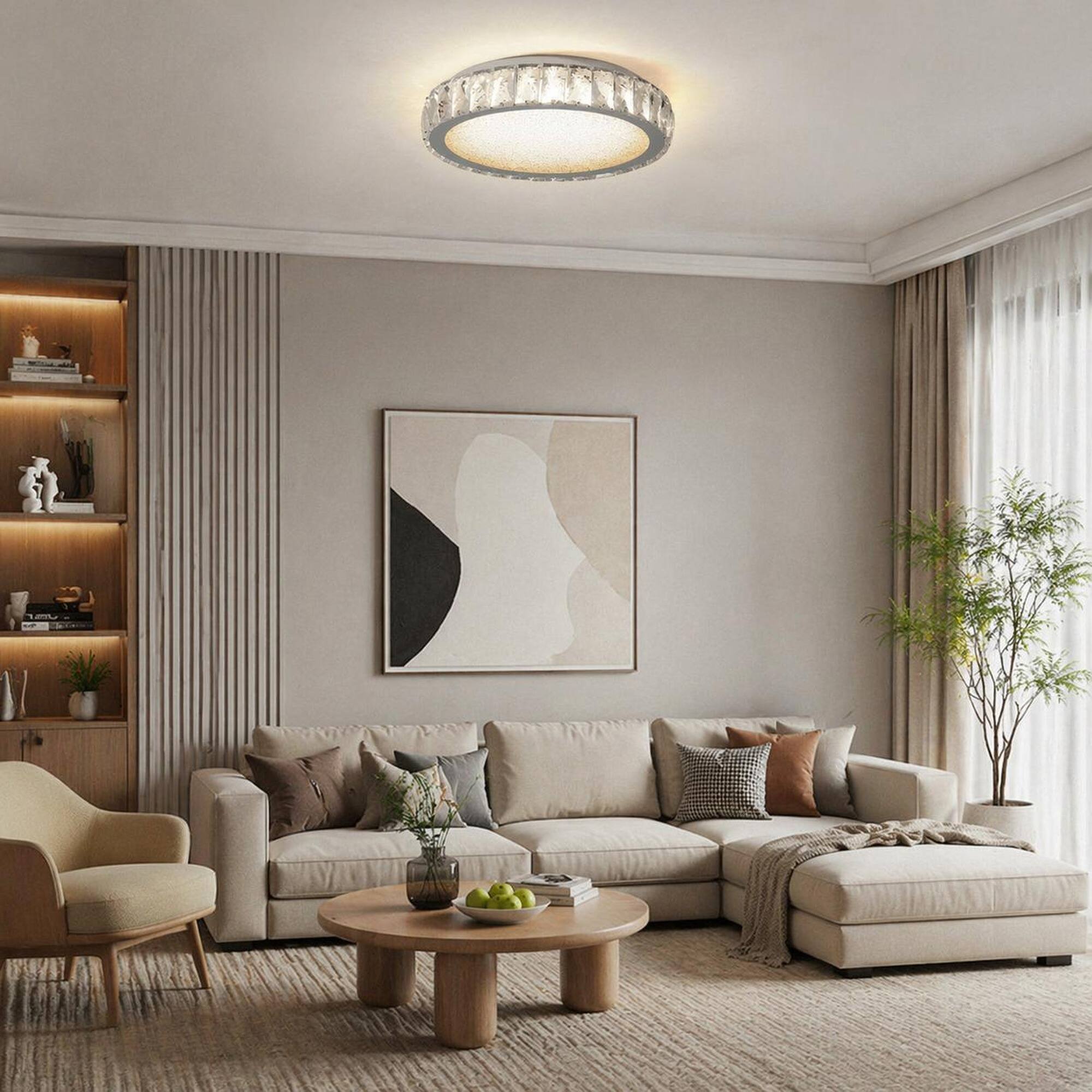 Angle. RYHNUYNE - Crystal LED Flush Mount Ceiling Light 13.8 Inch, 38W Dimmable Modern Fixture with 3 Color Modes, Energy-Saving.