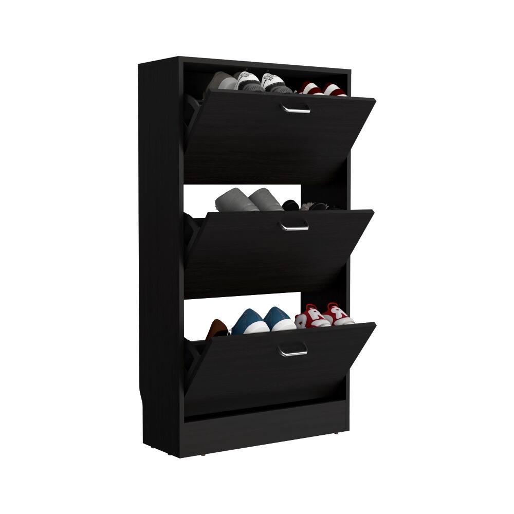 Alt View 3. Loheer - Loheer Modern Entryway Shoe Cabinet, Triple-Tiered Pull Down System, Black Particle Board, 45.4 Inch Height - Black.
