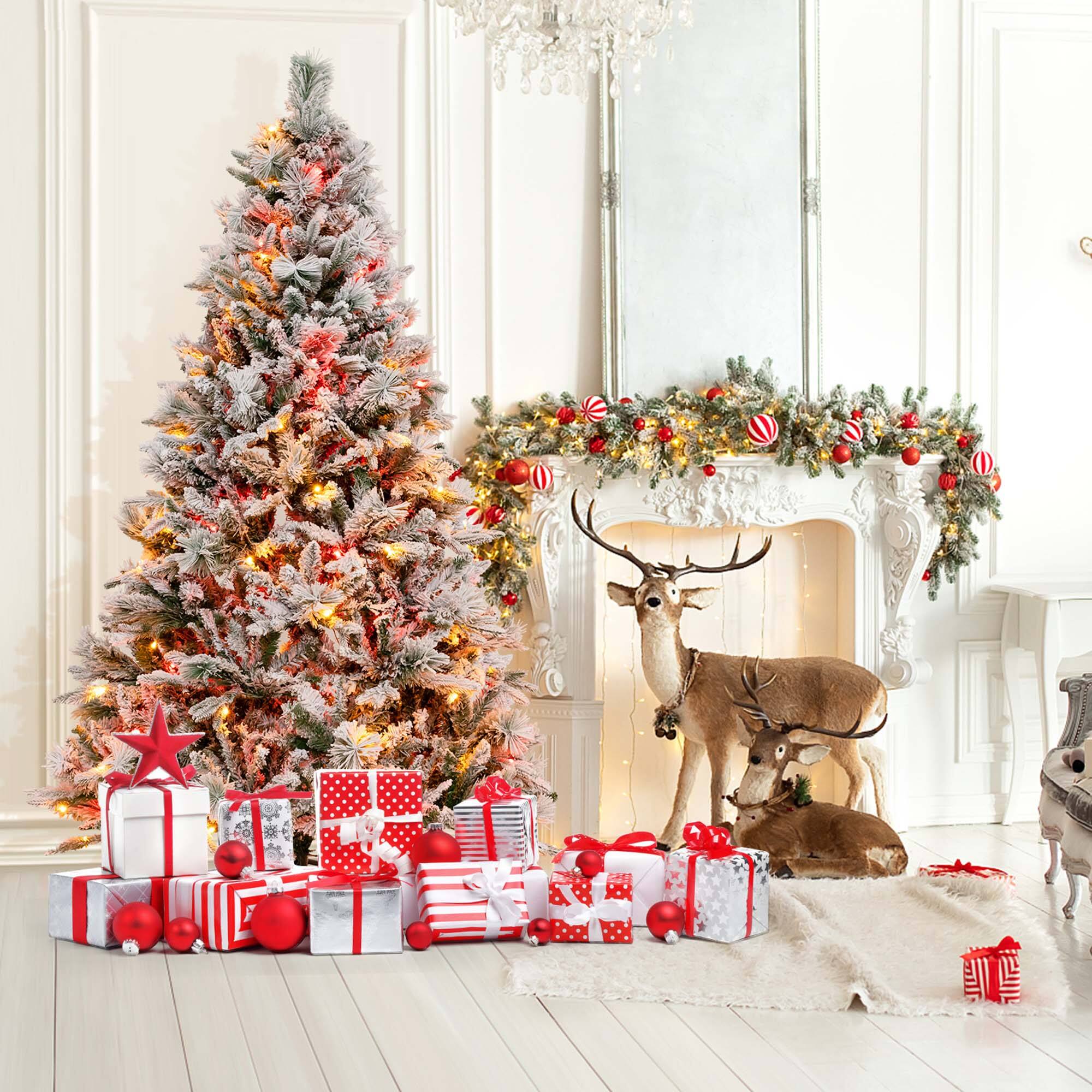 Alt View 11. Costway - 6 FT Pre-Lit Snow Flocked Christmas Tree Hinged Xmas Tree with 8 Modes 240 Lights - Green/White.