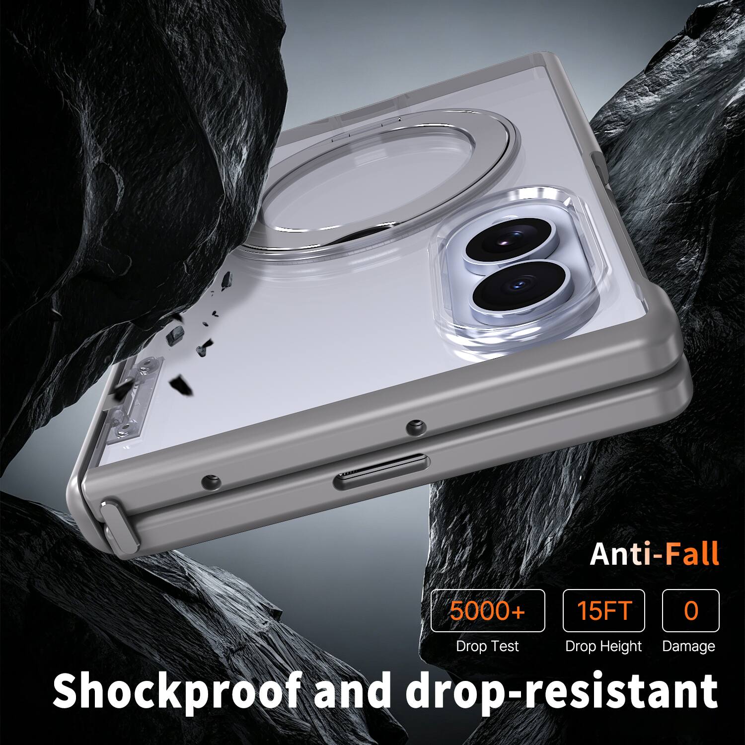 Anti-Fall  
5000+  
15FT  
0  
Drop Test  
Drop Height  
Damage  
Shockproof and drop-resistant