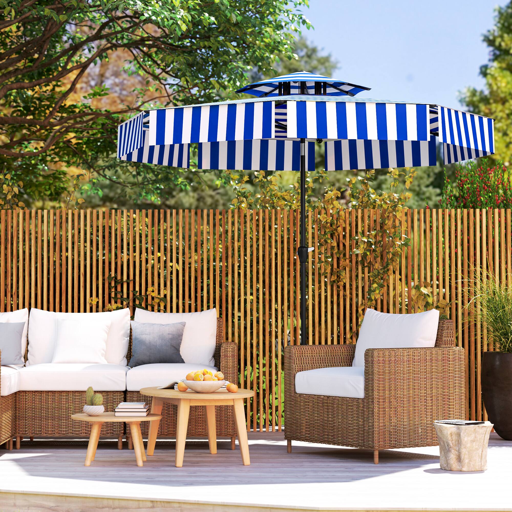 Alt View 8. Outsunny - 8.6FT Patio Umbrella, UPF 30+ Outdoor Market Umbrella, 2-Tier Vented Patio Table Umbrella with Crank 8 Ribs - Navy Blue.