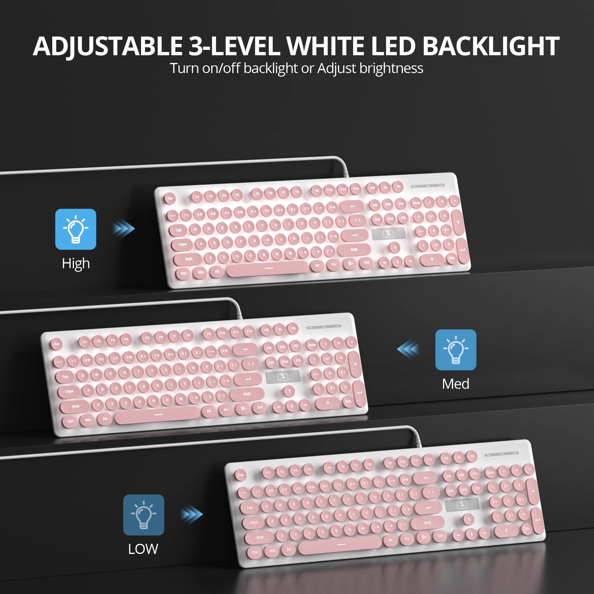 ADJUSTABLE 3-LEVEL WHITE LED BACKLIGHT

Turn on/off backlight or Adjust brightness

High

Med

Low