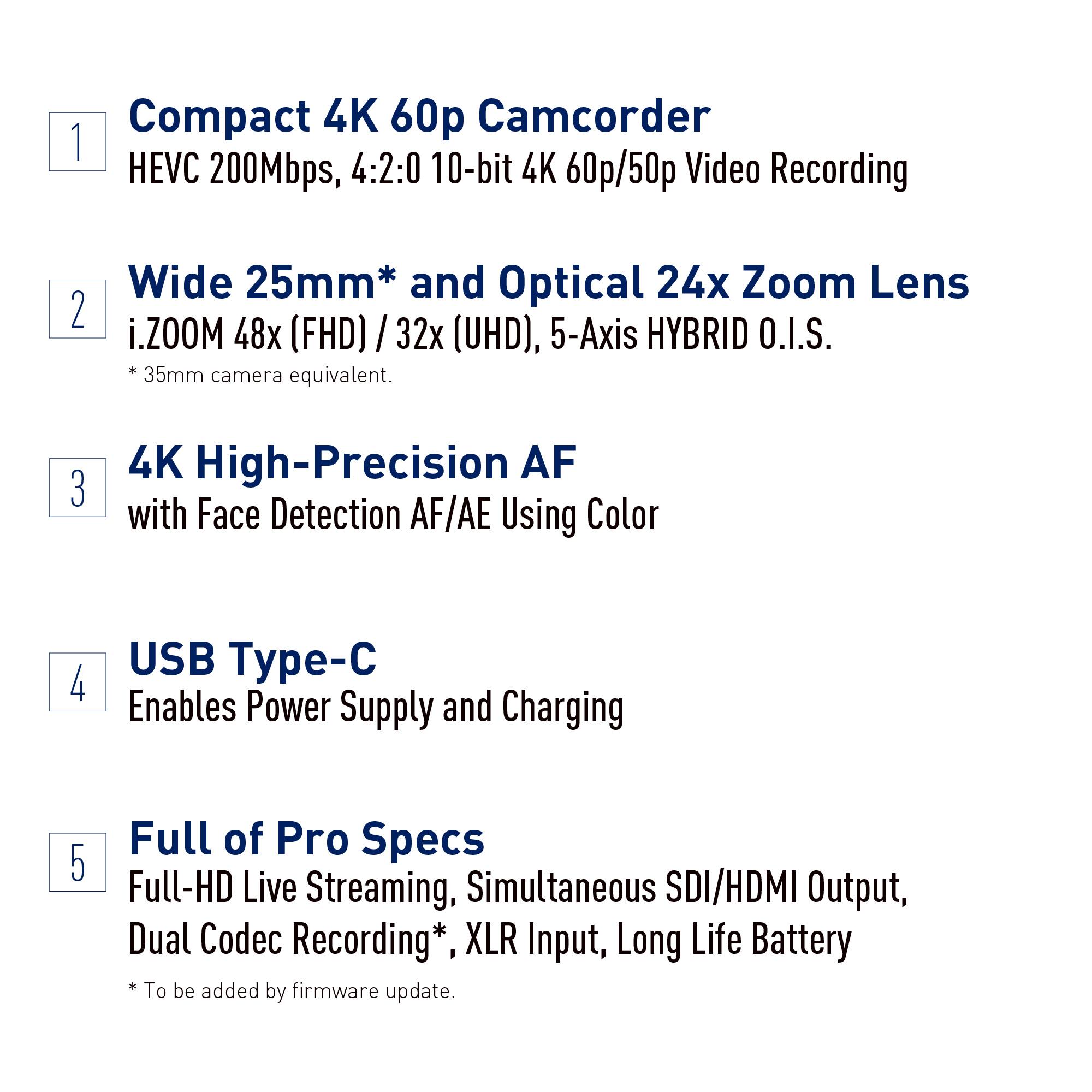 Compact 4K 60p Camcorder:

* HEVC 200Mbps, 4:2:0 10-bit 4K 60p/50p Video Recording
* Wide 25mm* and Optical 24x Zoom Lens (i.ZOOM 48x (FHD) I 32x (UHD), 5-Axis HYBRID O.I.S.)
* 35mm camera equivalent
* 4K High-Precision AF with Face Detection AF/AE Using Color
* USB Type-C: Enables Power Supply and Charging
* Full of Pro Specs: Full-HD Live Streaming, Simultaneous SDI/HDMI Output, Dual Codec Recording, XLR Input, Long Life Battery
* To be added by firmware update.