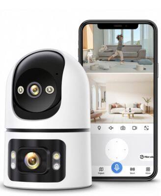 Front. Sugift - Indoor Wireless Security Camera Dual 2MP Lens 2.4G 5.8G WiFi 340-Degree Pan Tilt Night Vision 2-Way Audio - White.