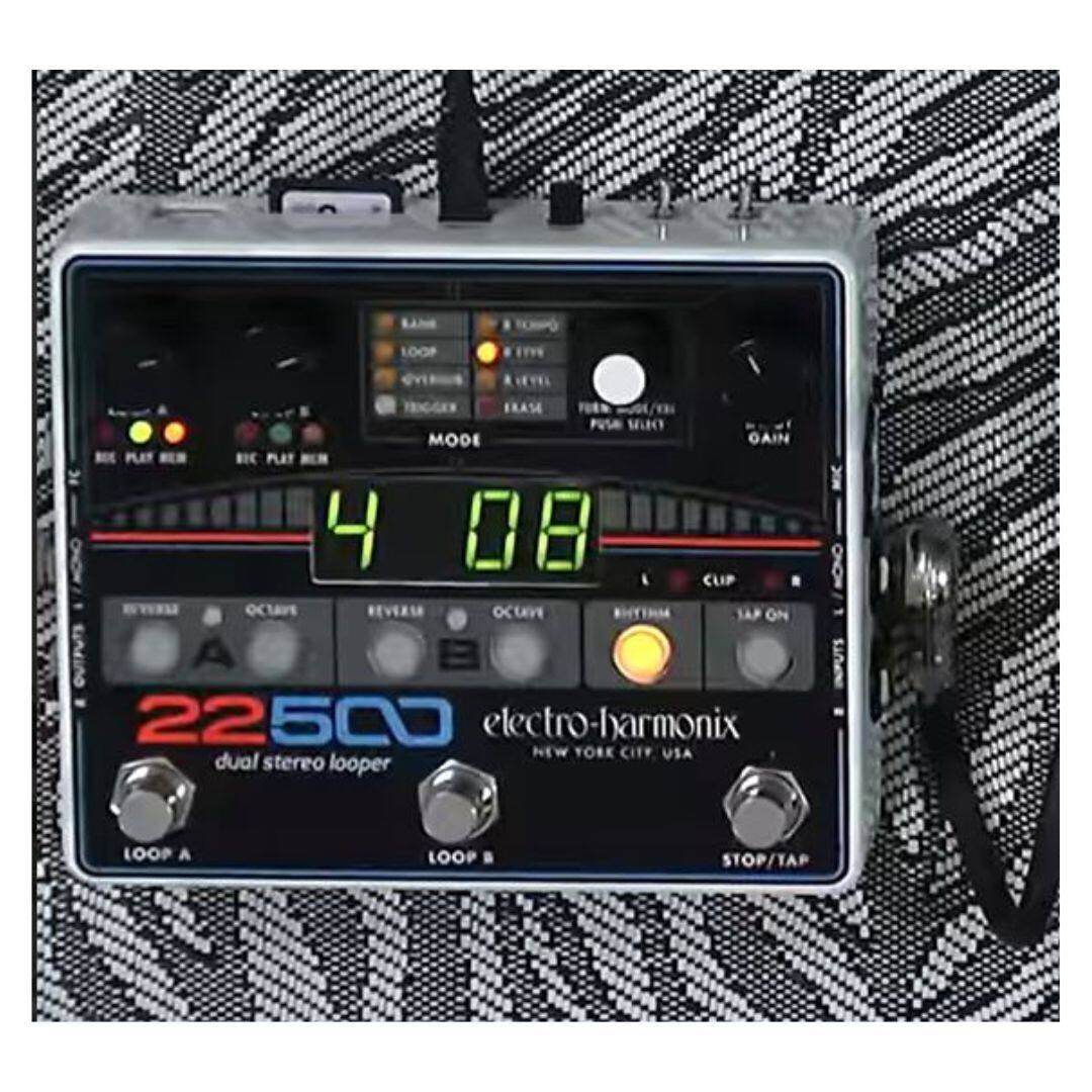 LOOPER ERASE PUSA Muo MODE GAIN PLET BIC PLAT 4 08 CLIP CrE REVERSA ocuen TAP ON A 22500 electro-harmonix NEW YORK CITY USA dual stereo looper INPUTS LOOP A LOOP STOP/TAP