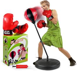 Toyvelt - Boxing Set for Kids Includes Gloves and Punching Bag, Standing Base with Adjustable Stand + Hand Pump - Red and Black