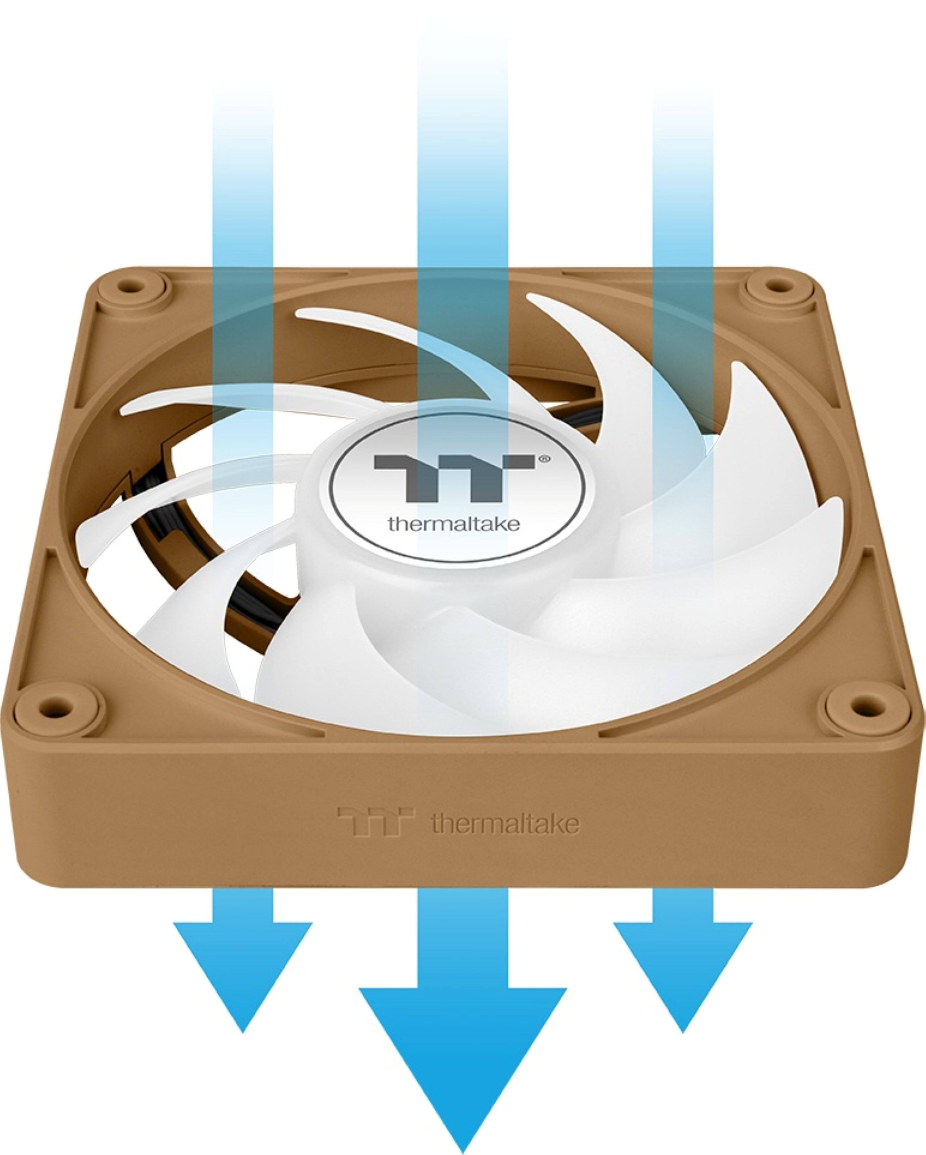 The text on the image reads "thermaltake," which is a brand name for computer components, such as fans and cooling systems.