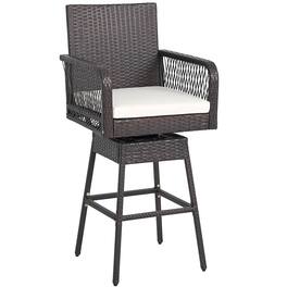 Costway - 1 PCS 29" Patio 360° Swivel Bar Stool with Cross-Woven Armrests Footrest & Seat Cushion - Mix Brown,Off White