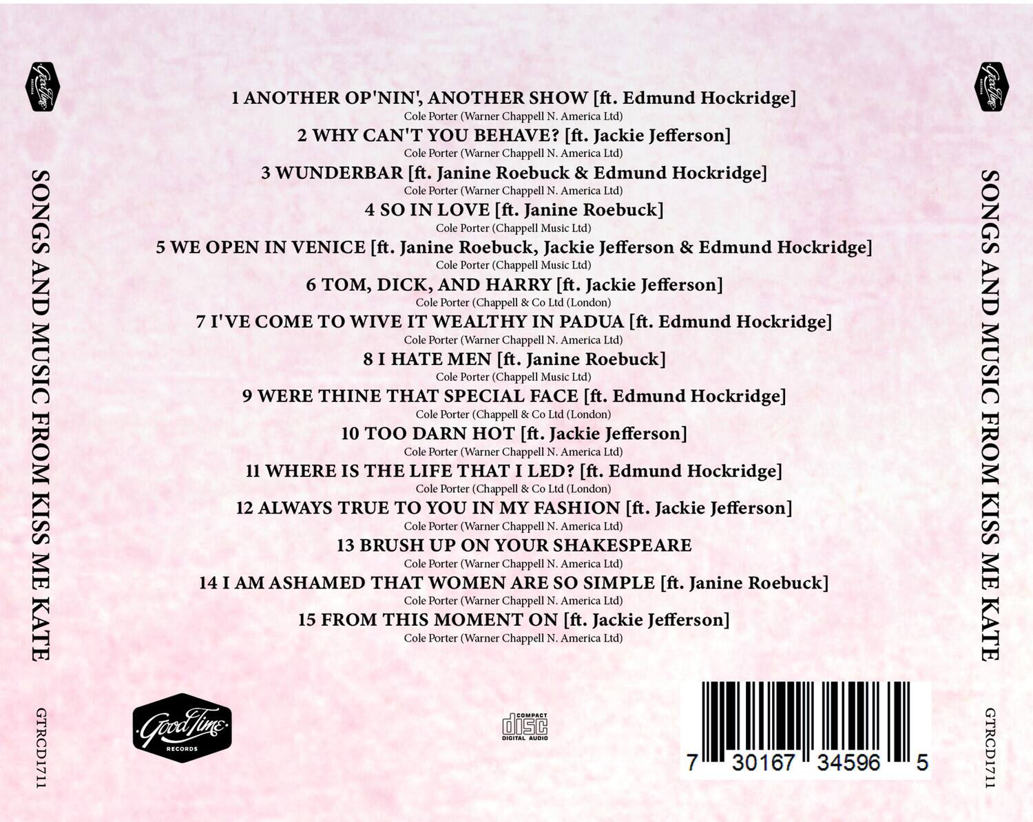 Sure, here is the corrected and grouped text:

---

**SONGS AND MUSIC FROM KISS ME KATE**

1. **ANOTHER OP'NIN', ANOTHER SHOW** [ft. Edmund Hockridge]  
   Cole Porter (Warner Chappell N. America Ltd)

2. **WHY CAN'T YOU BEHAVE?** [ft. Jackie Jefferson]  
   Cole Porter (Warner Chappell N. America Ltd)

3. **WUNDERBAR** [ft. Janine Roebuck, Edmund Hockridge]  
   Cole Porter (Warner Chappell N. America Ltd)

4. **SO IN LOVE** [ft. Janine Roebuck]  
   Cole Porter (Chappell Music Ltd)

5. **WE OPEN IN VENICE** [ft. Janine Roebuck, Jackie Jefferson & Edmund Hockridge]  
   Cole Porter (Chappell Music Ltd)

6. **TOM, DICK, AND HARRY** [ft. Jackie Jefferson]  
   Cole Porter (Chappell & Co Ltd (London))

7. **I'VE COME TO WIVE IT WEALTHY IN PADUA** [ft. Edmund Hockridge]  
  