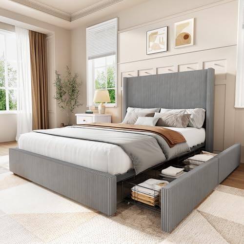 Front. Babevy - Upholstered Platform Bed Frame with Storage Drawers, Corduroy Wingback with Tufted Headboard - Grey.