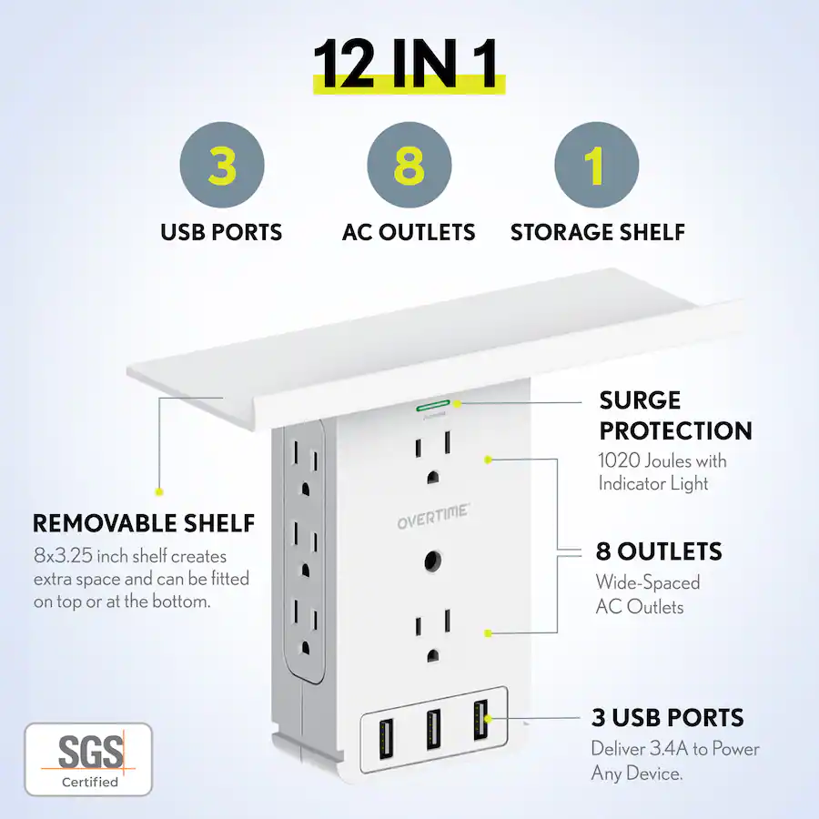 Overtime Surge Protector Wall Plug with 8 Outlets 3 USB Ports 1020 ...