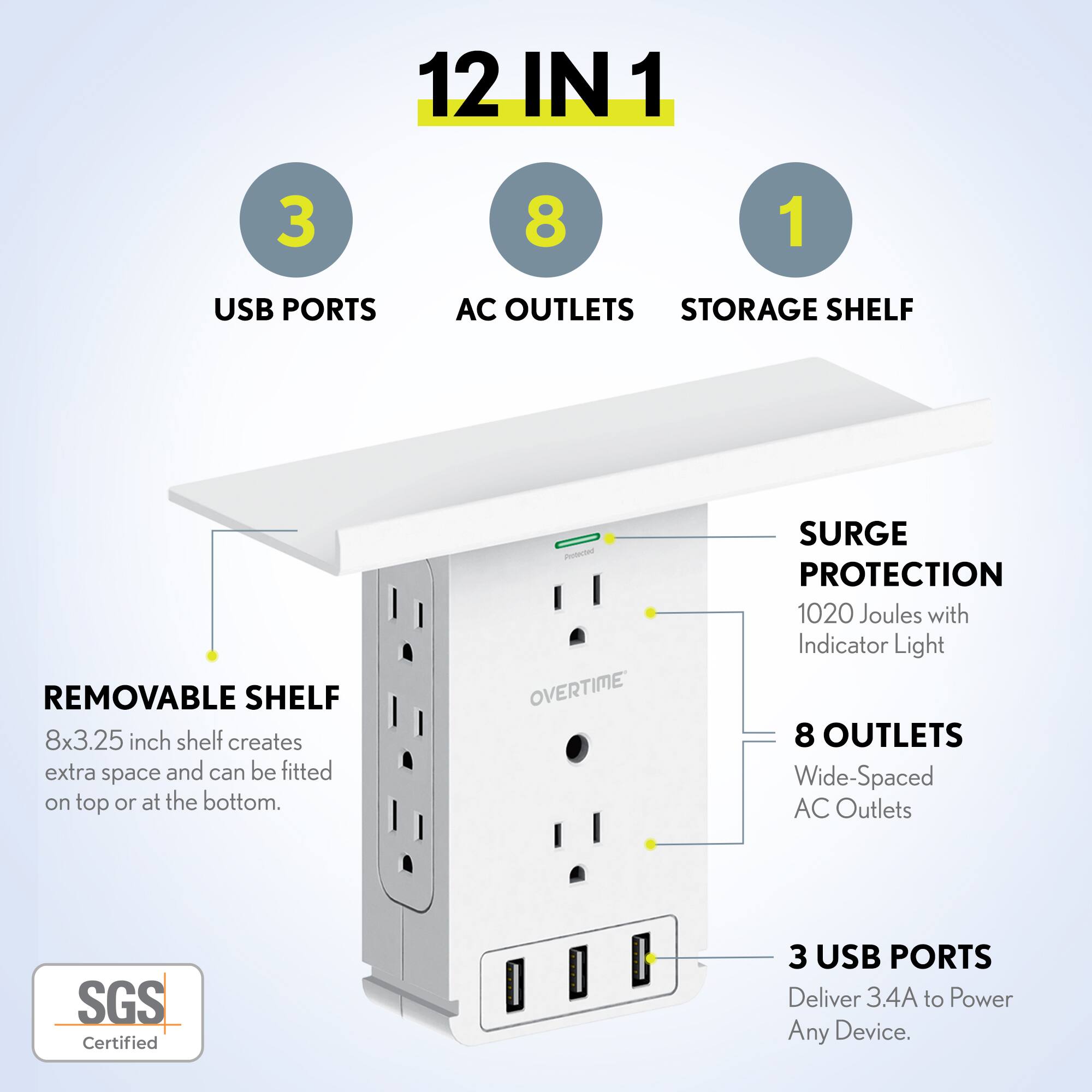 Overtime Surge Protector Wall Plug with 8 Outlets 3 USB Ports 1020 ...