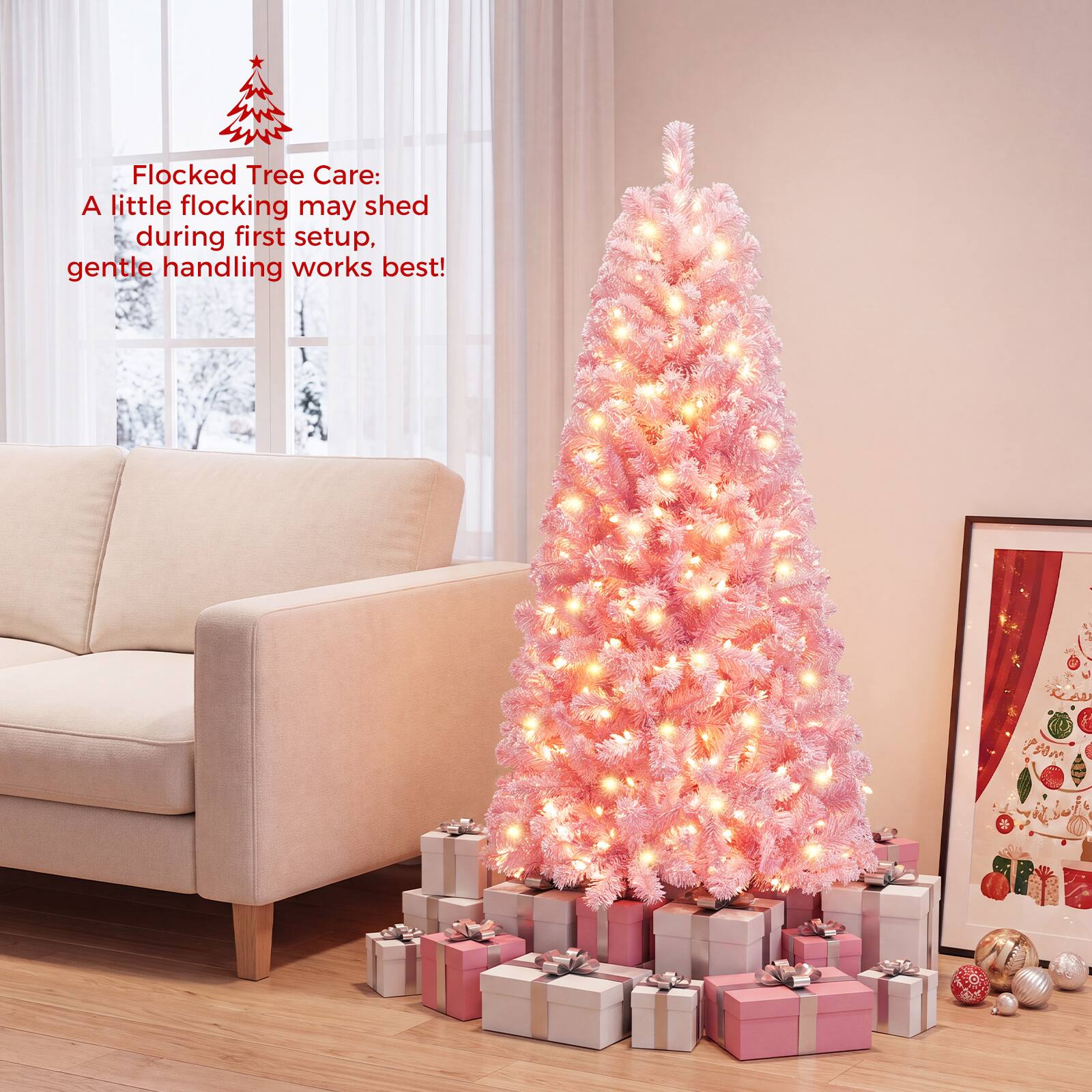 Flocked Tree Care: A little flocking may shed during first setup, gentle handling works best!