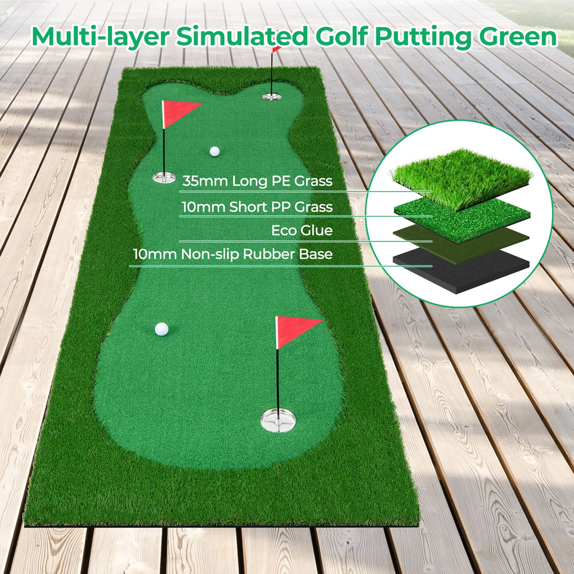 Multi-layer Simulated Golf Putting Green

- 35mm Long PE Grass
- 10mm Short PP Grass
- Eco Glue
- 10mm Non-slip Rubber Base