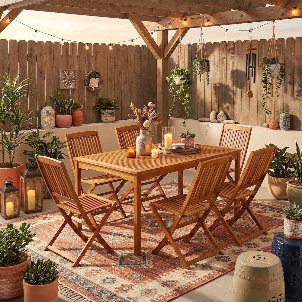 Alt View 2. Outdoor Escape - Wooden Patio Set Warm Oil Dining Table with 6 Outdoor Chairs - Brown.