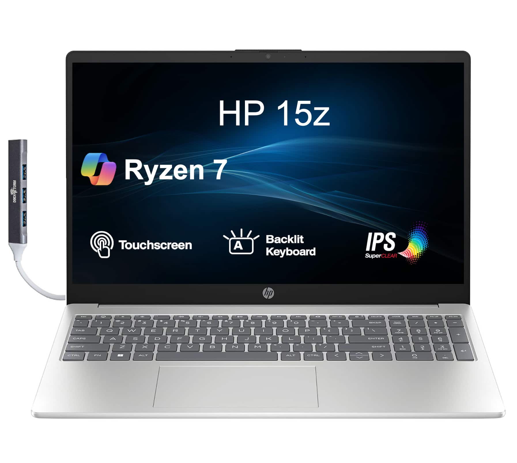 HP - 15z Laptop 15.6 FHD Display (Ryzen 7 7735HS, 32GB, 2TB SSD, AMD Radeon, Backlit KB, Win 11 Pro) w/USB Hub - Silver