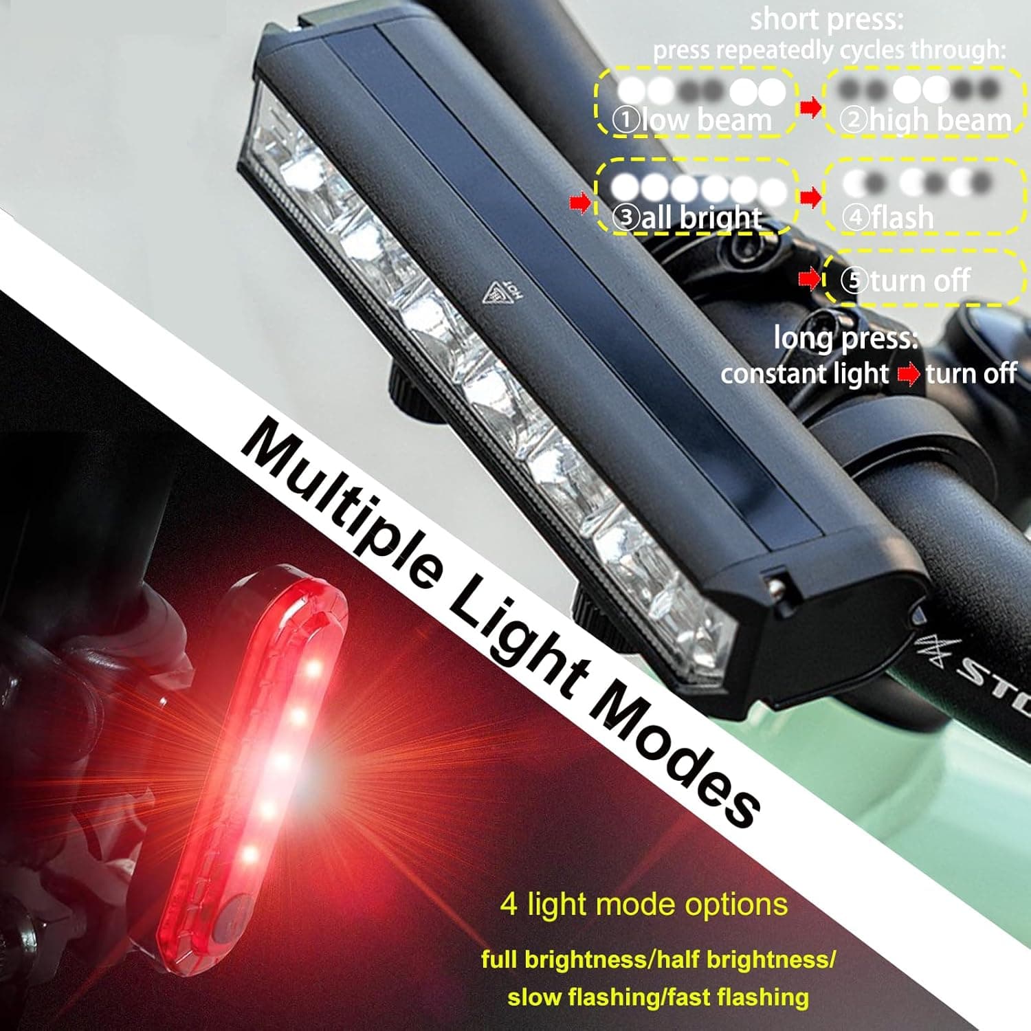 short press: press repeatedly cycles through:  
1. low beam  
2. high beam  
3. all bright  
4. flash  
5. turn off  

long press: constant light turn off  

Multiple Light Modes  

4 light mode options  
full brightness/half brightness/  
slow flashing/fast flashing