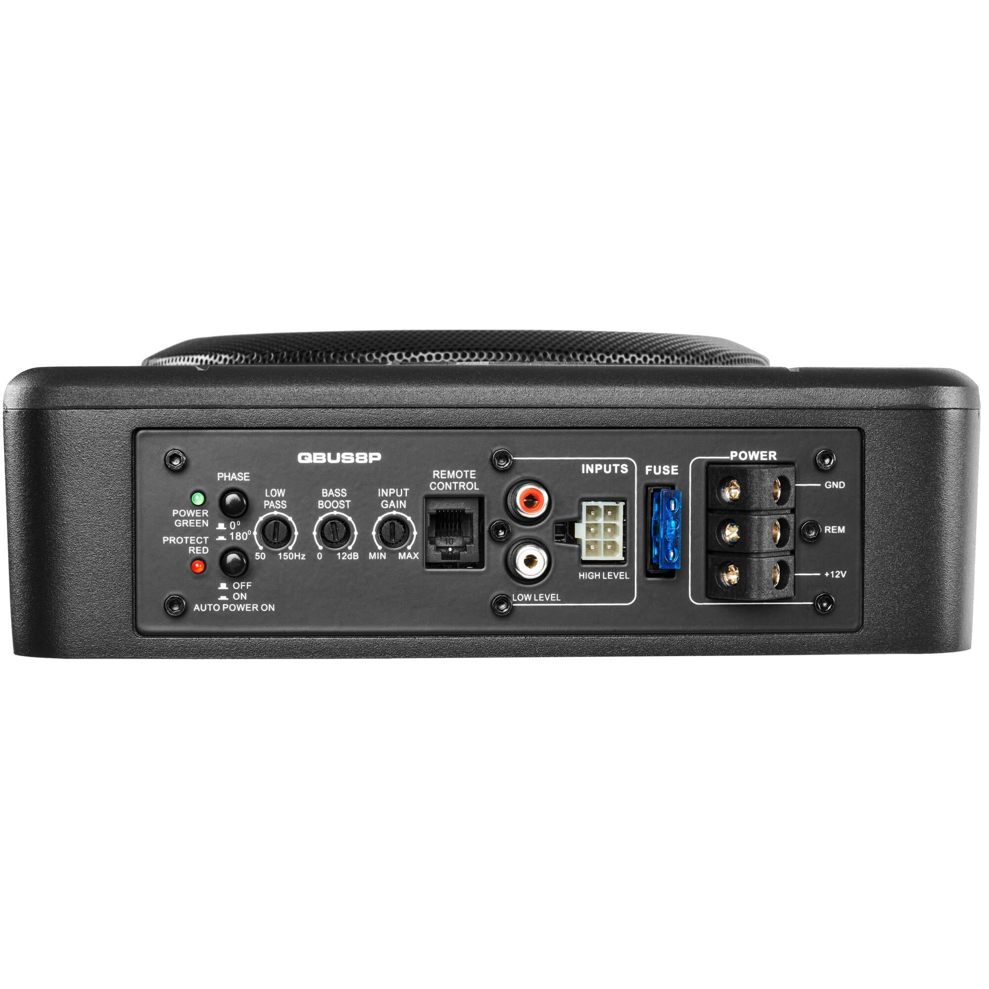 GBUS8P  
PHASE REMOTE CONTROL  
LOW BASS INPUT PASS BOOST GAIN POWER  
GREEN 01 180 PROTECT RED S0 1SOH2 C 1248  
MIN MAX - OFF ON AUTO POWER ON  
INPUTS FUSE  
LEVEL LOW LEVEL POWER GND REM 12V