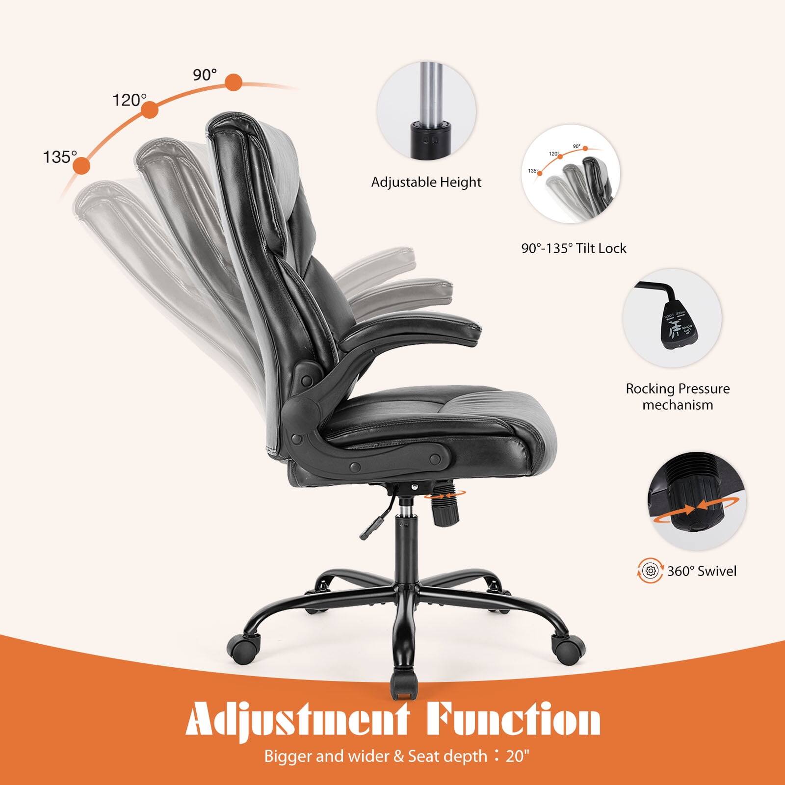 120° 90° 135° Adjustable Height  
90°-135° Tilt Lock  
Rocking Pressure mechanism  
360° Swivel  
Adjustment Function  
Bigger and wider & Seat depth: 20"